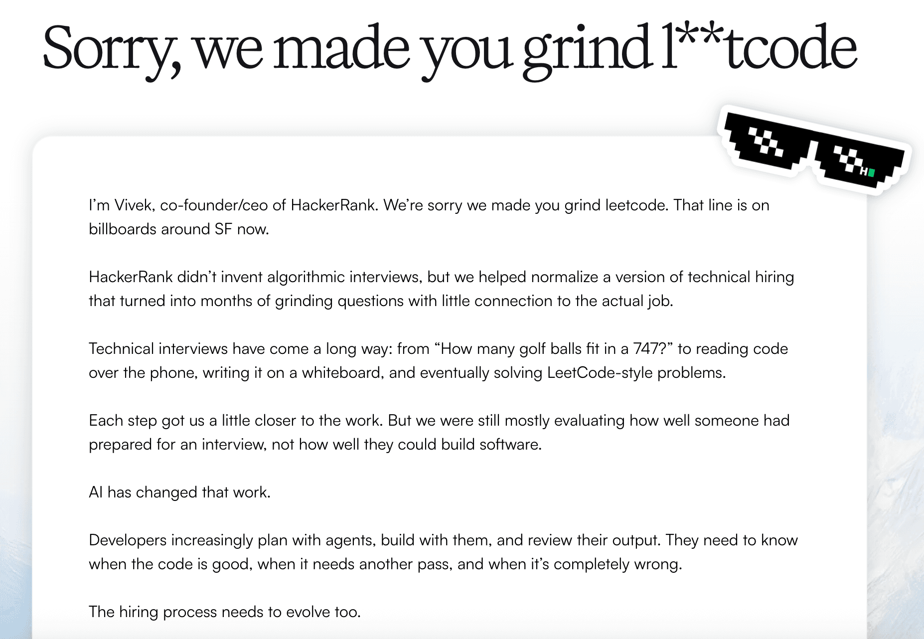 HackerRank article opening: Sorry, we made you grind l**tcode. CEO Vivek's apology letter.