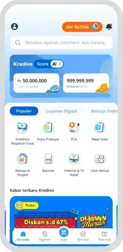 Kredivo dashboard showing credit score