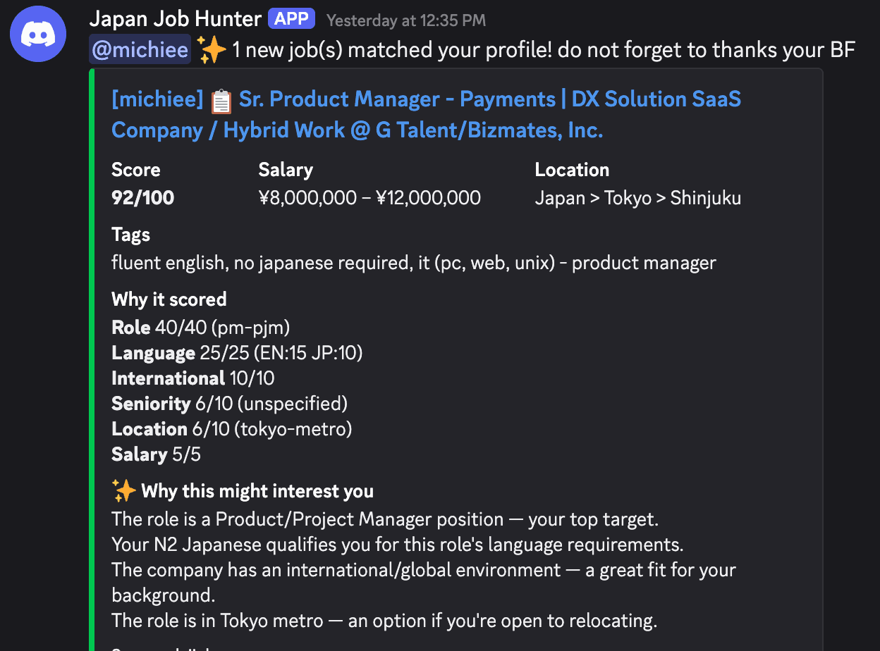 Discord embed from Japan Job Hunter bot showing a Sr. Product Manager role scored 92/100, with salary ¥8M–¥12M, score breakdown by dimension, and a plain-English summary of why it matched.